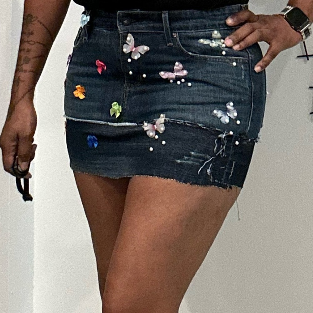 Custom pearl butterfly n bows Embellished Denim Mini Skirt
